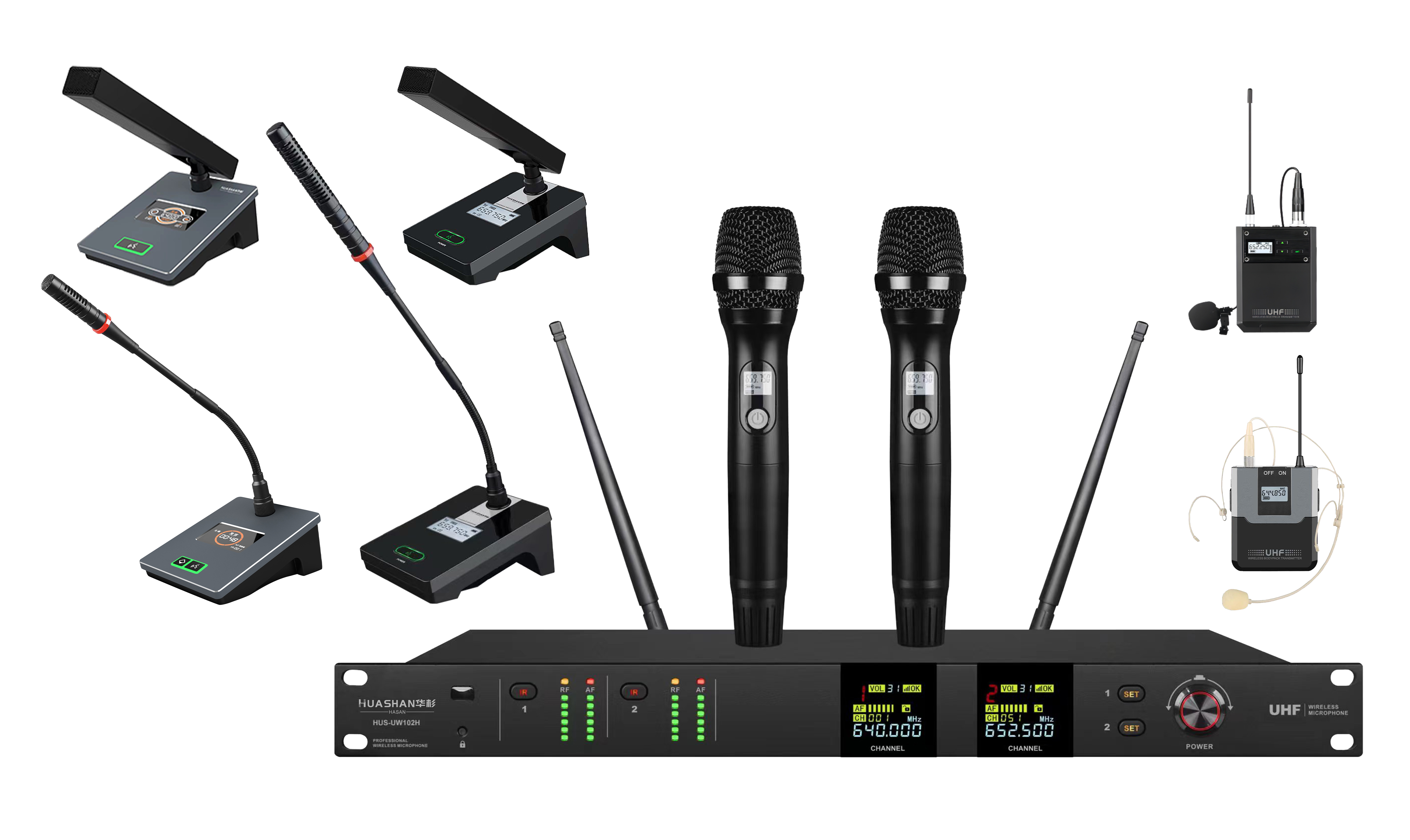 HUS-UW102H 無(wú)線一拖二無(wú)線話筒（手持/頭戴/領(lǐng)夾可混搭）（長(zhǎng)短桿可混搭） 